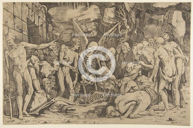 The Skeletons, a group of emaciated men and women gathered around a skeleton laid on th..., 1515-27. Creator: Marco Dente.