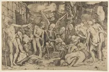 The Skeletons, a group of emaciated men and women gathered around a skeleton laid on th..., 1515-27. Creator: Marco Dente