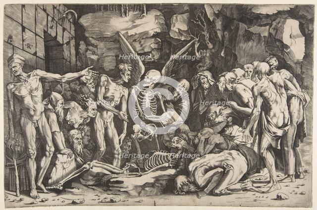The Skeletons, a group of emaciated men and women gathered around a skeleton laid on th..., 1515-27. Creator: Marco Dente.