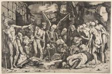 The Skeletons, a group of emaciated men and women gathered around a skeleton laid on th..., 1515-27. Creator: Marco Dente