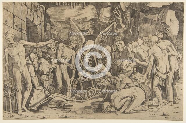The Skeletons, a group of emaciated men and women gathered around a skeleton laid on th..., 1515-27. Creator: Marco Dente.
