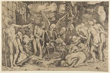 The Skeletons, a group of emaciated men and women gathered around a skeleton laid on th..., 1515-27. Creator: Marco Dente