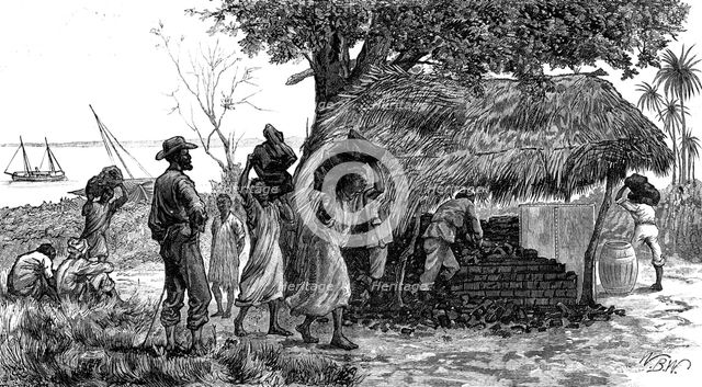 The Slave Trade on the East Coast of Africa: coaling station for... H.M.S. London, at Funzi..., 1881 Creator: W. B. W..