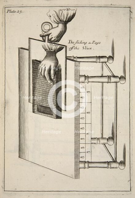The Sliding a Page off the Slice, pub. 1683 (engraving). Creator: English School (17th Century).