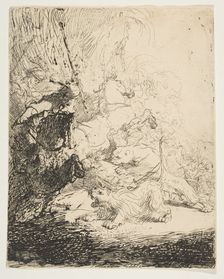 The small lion hunt, with two lions, ca. 1632. Creator: Rembrandt Harmensz van Rijn