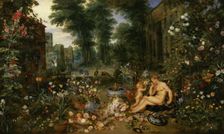 The Smell represented by a naked nymph smelling flowers offered to her by a winged cherub, by J…
