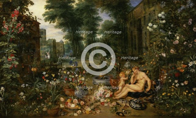 The Smell', represented by a naked nymph smelling flowers offered to her by a winged cherub, by J…
