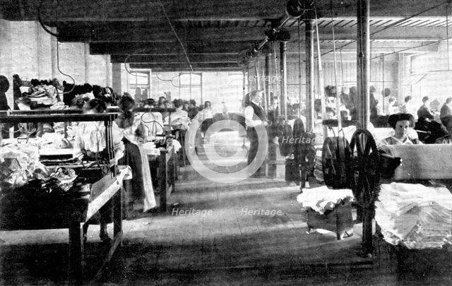 The smoothing, finishing, and making-up room, Jones Brothers' handkerchief factory, Belfast, 1909.  Creator: Unknown.