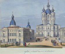 The Smolny Resurrection Cathedral in Saint Petersburg, 1830-1840s. Artist: French master