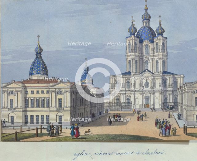 The Smolny Resurrection Cathedral in Saint Petersburg, 1830-1840s. Artist: French master  