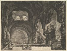 The so-called Villa of Maecenas at Tivoli. Interior with two figures in the opening of..., ca. 1764. Creator: Giovanni Battista Piranesi