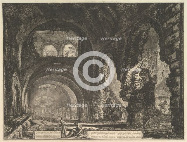 The so-called Villa of Maecenas at Tivoli. Interior with two figures in the opening of..., ca. 1764. Creator: Giovanni Battista Piranesi.