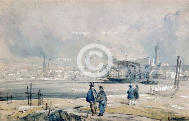 'The South Bank, with Waterloo Bridge', London, 1847. Artist: G Chaumont