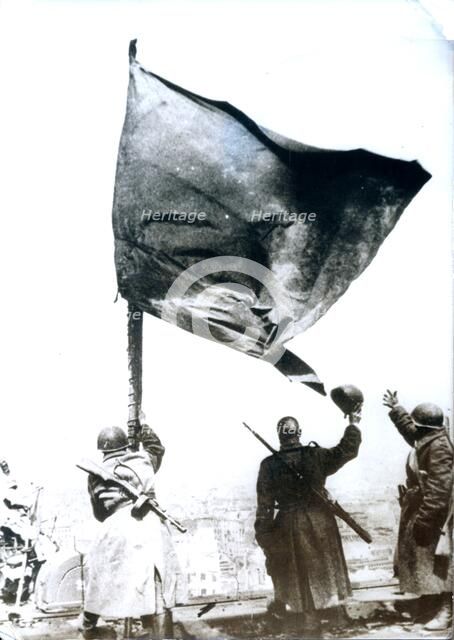 The Soviet flag raised above the Reichstag, Berlin, World War II, May 1945. Artist: Unknown