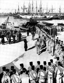 The Spanish-American Crisis: Spanish troops embarking at Barcelona for Cuba, 1898. Creator: Unknown