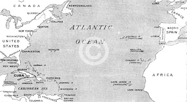 The Spanish-American War: map illustrating the relative positions of the two countries, 1898. Creator: Unknown.
