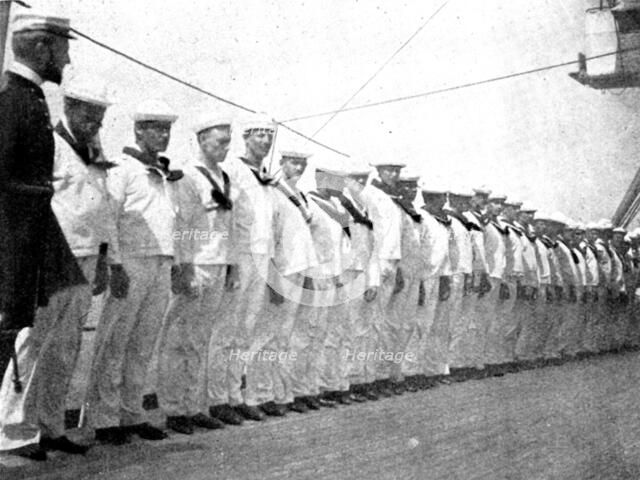 The Spanish-American War: American naval and military types - crew drawn up for inspection, 1898. Creator: Unknown.