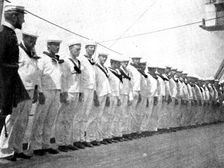 The Spanish-American War: American naval and military types - crew drawn up for inspection, 1898. Creator: Unknown