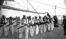 The Spanish-American War: American naval and military types - rifle drill: "Guard!", 1898. Creator: Unknown