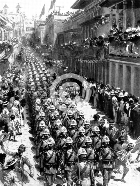 The Spanish-American War: Spanish troops marching through San Juan, the capital of Porto Rico, 1898. Creator: Unknown.