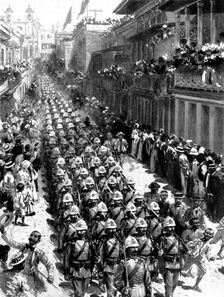 The Spanish-American War: Spanish troops marching through San Juan, the capital of Porto Rico, 1898. Creator: Unknown
