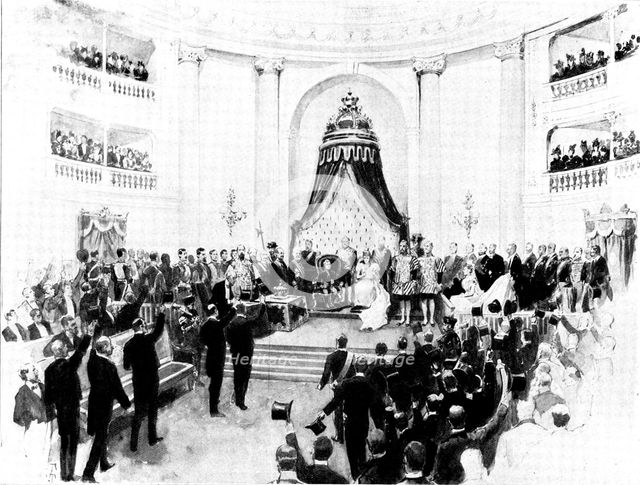 The Spanish-American War: the Queen-Regent of Spain reading the speech...to the Cortes, 1898. Creator: Unknown.