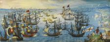 The Spanish Armada off the south coast of England, 1588. Artist: Monogrammist VHE (active ca 1600)