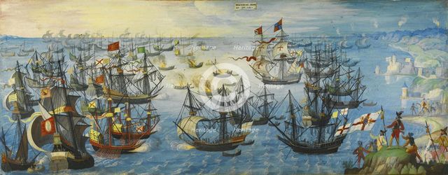 The Spanish Armada off the south coast of England, 1588. Artist: Monogrammist VHE (active ca 1600)