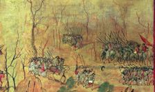 The Spanish to land them in snow on the road conquest of Mexico, detail of a Painting. of 169…