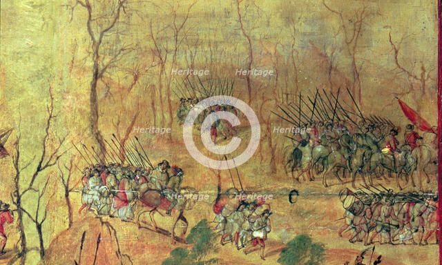 'The Spanish to land them in snow on the road', conquest of Mexico, detail of a Painting. of 169…