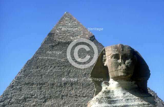 The Sphinx and Pyramid of Khafre (Chephren), Giza, Egypt, 4th Dynasty, 26th century BC. Artist: Unknown