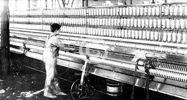 The spinning-mule, on which both warp and weft are spun, 1909.  Creator: Unknown.