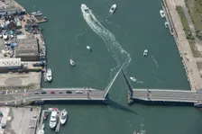 The Twin Sails Bridge, Poole, with its spans lifted, Bournemouth, Christchurch and Poole, 2021. Creator: Damian Grady