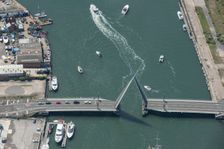 The Twin Sails Bridge, Poole, with its spans lifted, Bournemouth, Christchurch and Poole, 2021. Creator: Damian Grady
