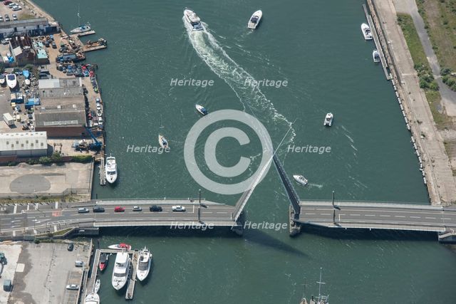 The Twin Sails Bridge, Poole, with its spans lifted, Bournemouth, Christchurch and Poole, 2021. Creator: Damian Grady.