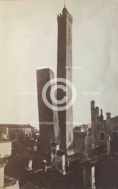 The Two Towers, AsinelIi and Garisenda, from the north, Bologna, between 1880-1886. Creator: Giorgio Sommer.