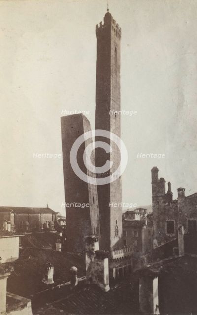 The Two Towers, AsinelIi and Garisenda, from the north, Bologna, between 1880-1886. Creator: Giorgio Sommer.