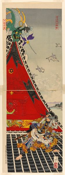 The Two Brave Men Inuzuka Shino and Inugai Genpachi Battling on the Roof of..., September 1887. Creator: Tsukioka Yoshitoshi