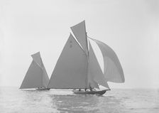 The two early 8 Metre class Verbena and Termagent racing in a gentle wind, 1911. Creator: Kirk & Sons of Cowes