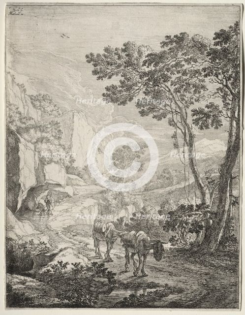 The Two Mules. Rocca Aquatico near Ancona. Creator: Jan Both (Dutch, c. 1618-1652); Matham.