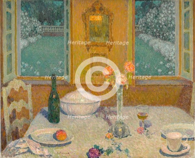 The Table overlooking the flower garden at dusk, 1930. Creator: Henri Eugene Le Sidaner.