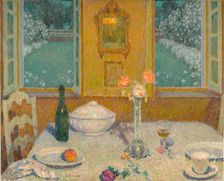 The Table overlooking the flower garden at dusk, 1930. Creator: Henri Eugene Le Sidaner