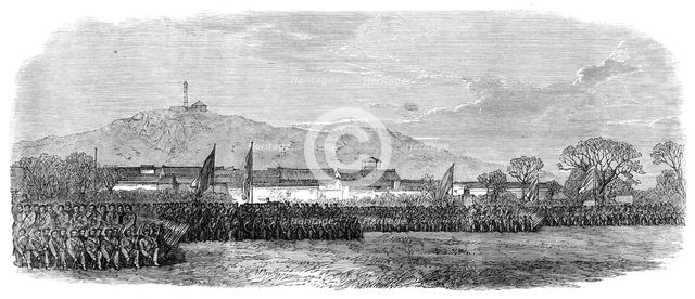 The Taeping Rebellion in China: troops of the Quinsan Garrison..., forming square, 1864. Creator: Unknown.