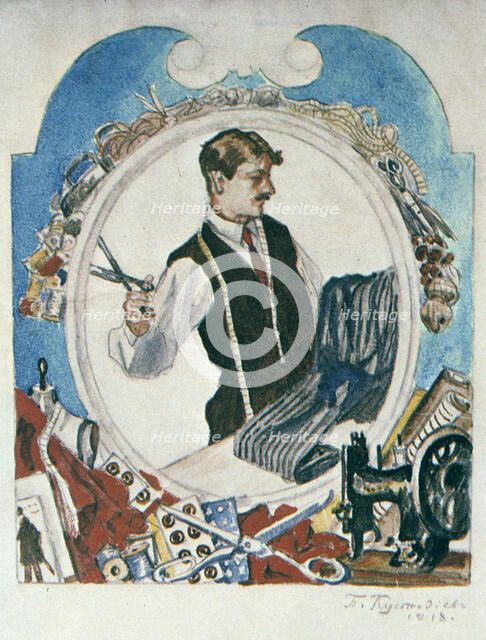 'The Tailor', 1918.  Artist: Boris Mikhajlovich Kustodiev 