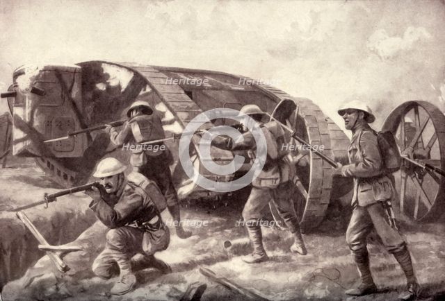 'The "Tanks" in Action. The Western Juggernaut Tracking Over the Mud Wastes', 1917. Creator: Unknown.