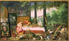 The Taste represented by a nymph eating at a table stocked with various delicacies while a saty…