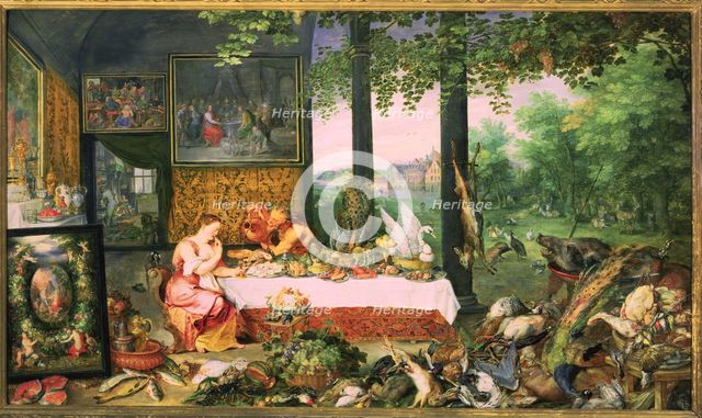 The Taste', represented by a nymph eating at a table stocked with various delicacies while a saty…