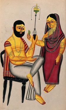 The Tarakeshwar murder: Elokeshi offers a betel-leaf to the seated Mahant. Creator: Unknown