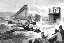 The Tay Bridge Disaster: steam launches and divers barge employed in search, 1880. Creator: William James Palmer