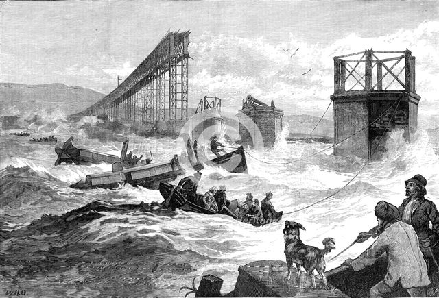 The Tay Bridge Disaster: steam launches and divers' barge employed in search, 1880. Creator: William James Palmer.